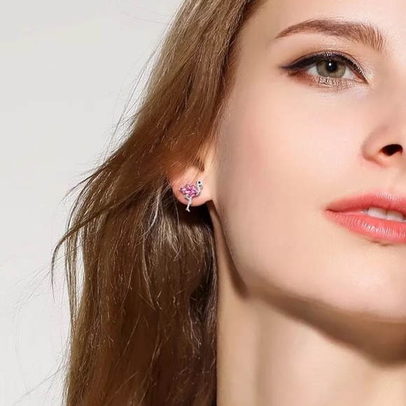 Sterling Silver 925 CZ Flamingo earrings - Picture 2 of 4